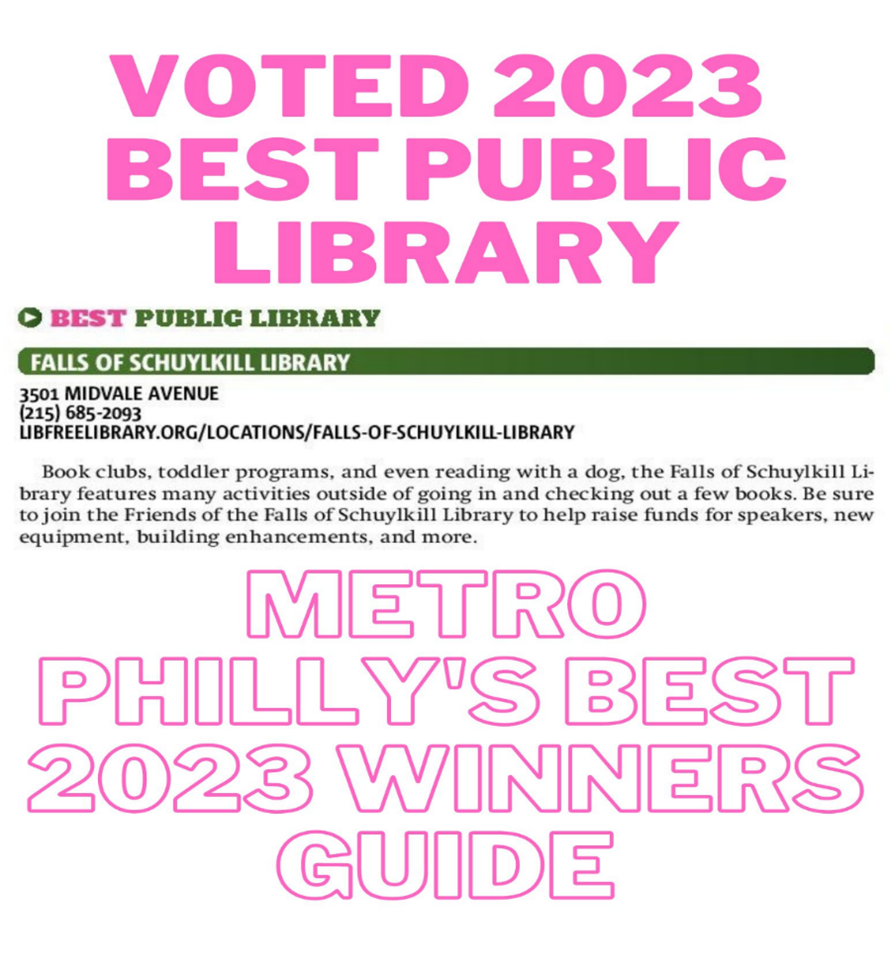 Graphic announcing Falls of Schuylkill Library as Metro Philly's Best Public Library in 2023