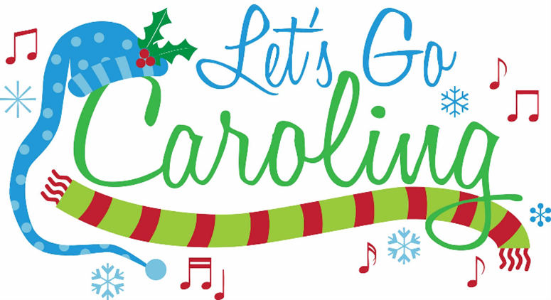 Blue, green, and red graphic with hollies and scarves that reads "Let's Go Caroling"