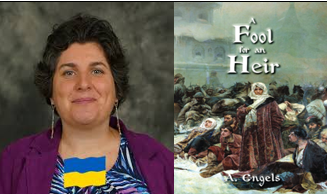 Image of "A Fool for an Heir" book cover next to a picture of the author who is a white woman with dark hair wearing a purple sweater, striped blue shirt, and long earrings.