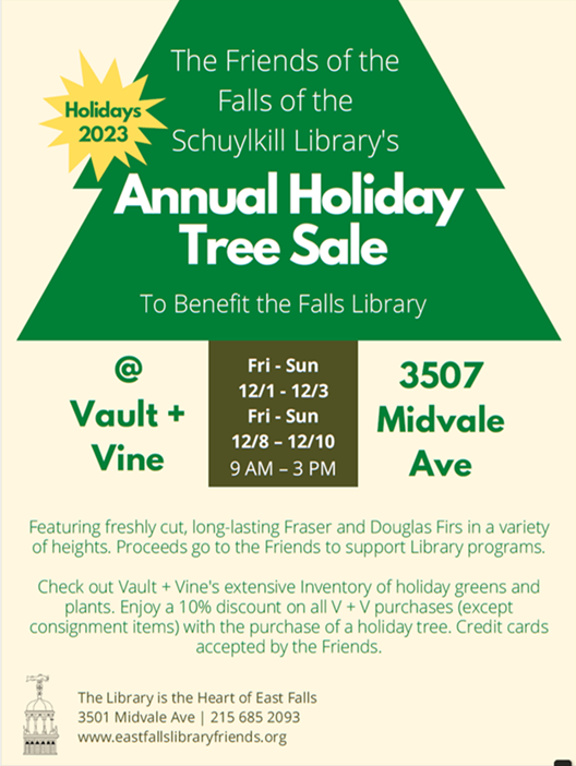 Graphic announcing the Falls of Schuylkill Library's annual holiday tree sale at Vault and Vine